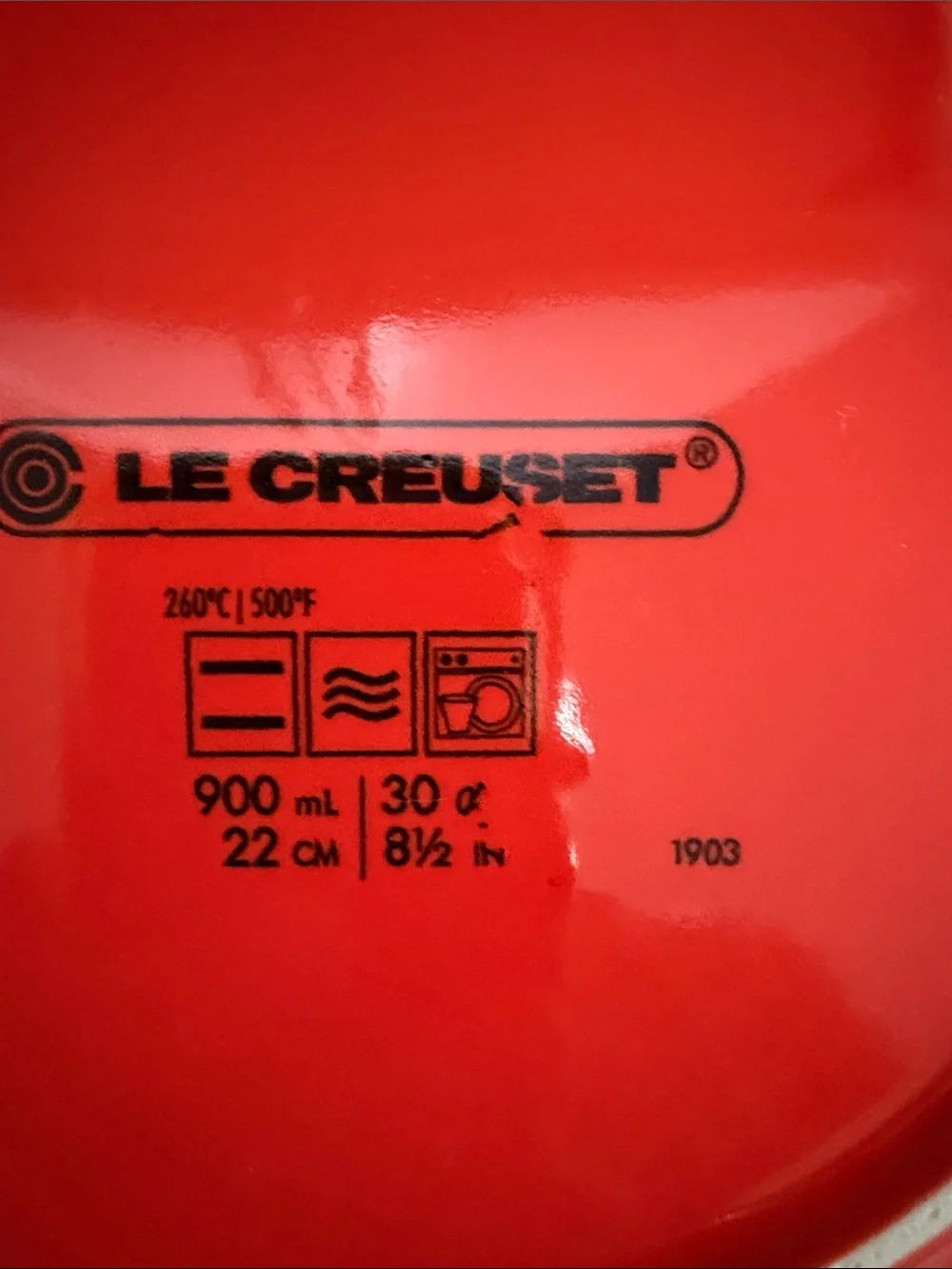 Le Creuset Bright Red Ceramic Dish with Logo and Capacity Markings